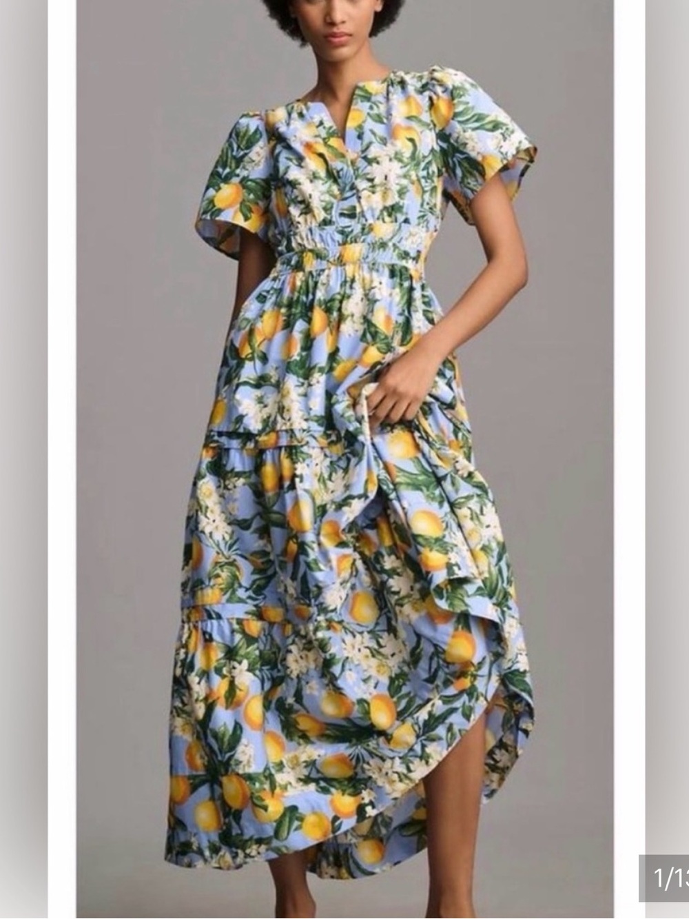 🩷 Anthropologie Sommerset Blue Lemon-Print Tiered Maxi Dress Medium By Maeve EUC